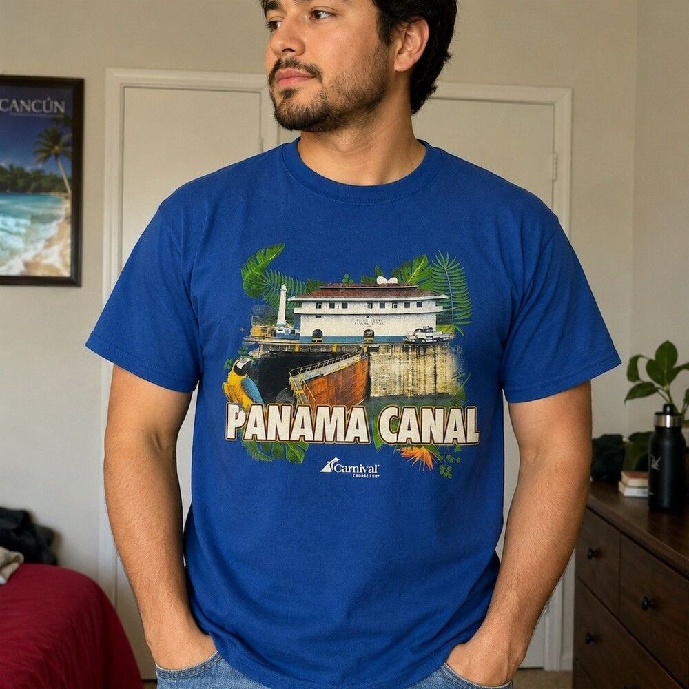 Carnival Cruise Line T-Shirt Unisex Size L Blue Panama Canal Parrot